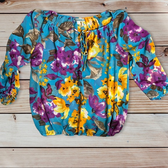 Pleione Tops - Pleione Floral Flower Blouse Top Blue Purple Nordstrom Women's Small